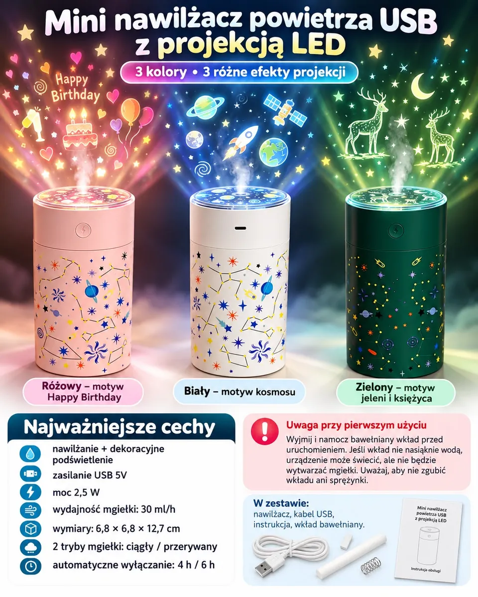 Trzy mini nawilżacze powietrza USB z projekcją LED w kolorach różowym, białym i zielonym z motywami dekoracyjnymi