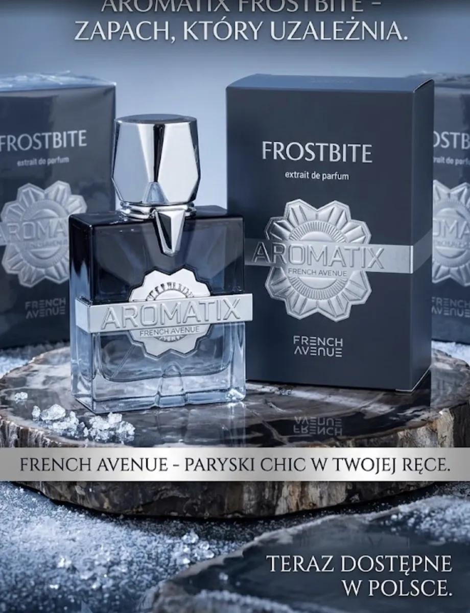 Butelka perfum Aromatix Frostbite 30 ml z granatowo-srebrnym opakowaniem i metalicznym logo