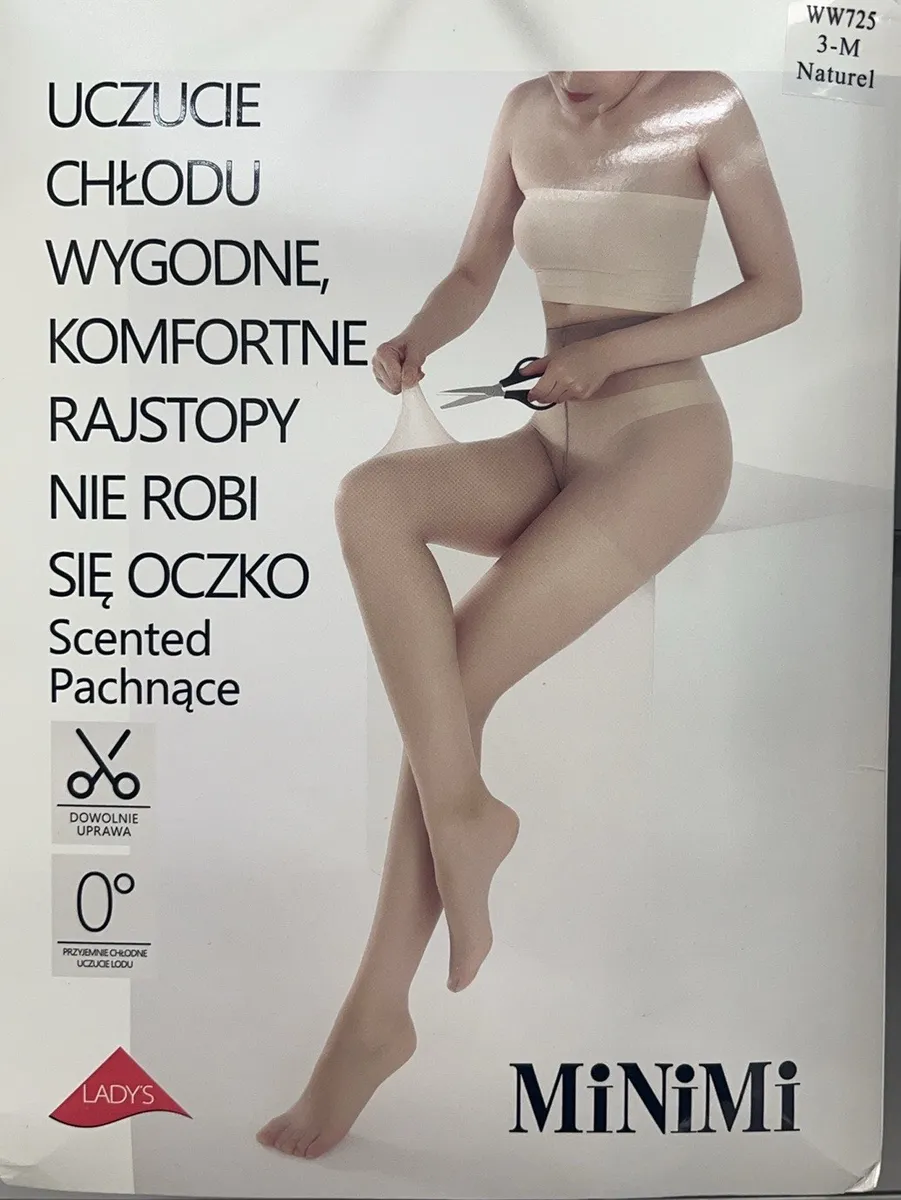 opakowanie rajstop damskich MiNiMi naturell 3-M z modelem w rajstopach i tekstem o chłodzie i braku oczek