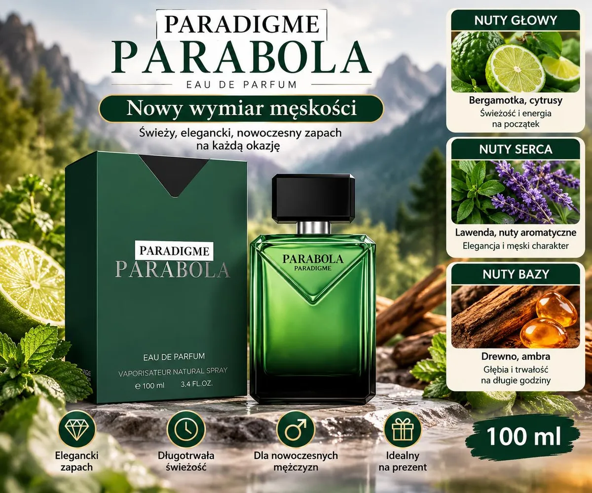 zielony flakon perfum męskich Paradigme Parabola 100 ml z ciemnozielonym kartonem i opisem nut zapachowych