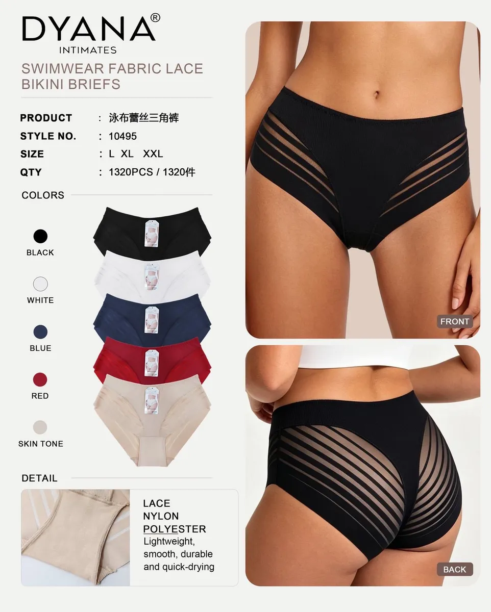 Damskie majtki bikini z koronką w kolorze czarnym, widok z przodu i tyłu oraz zestaw kolorów