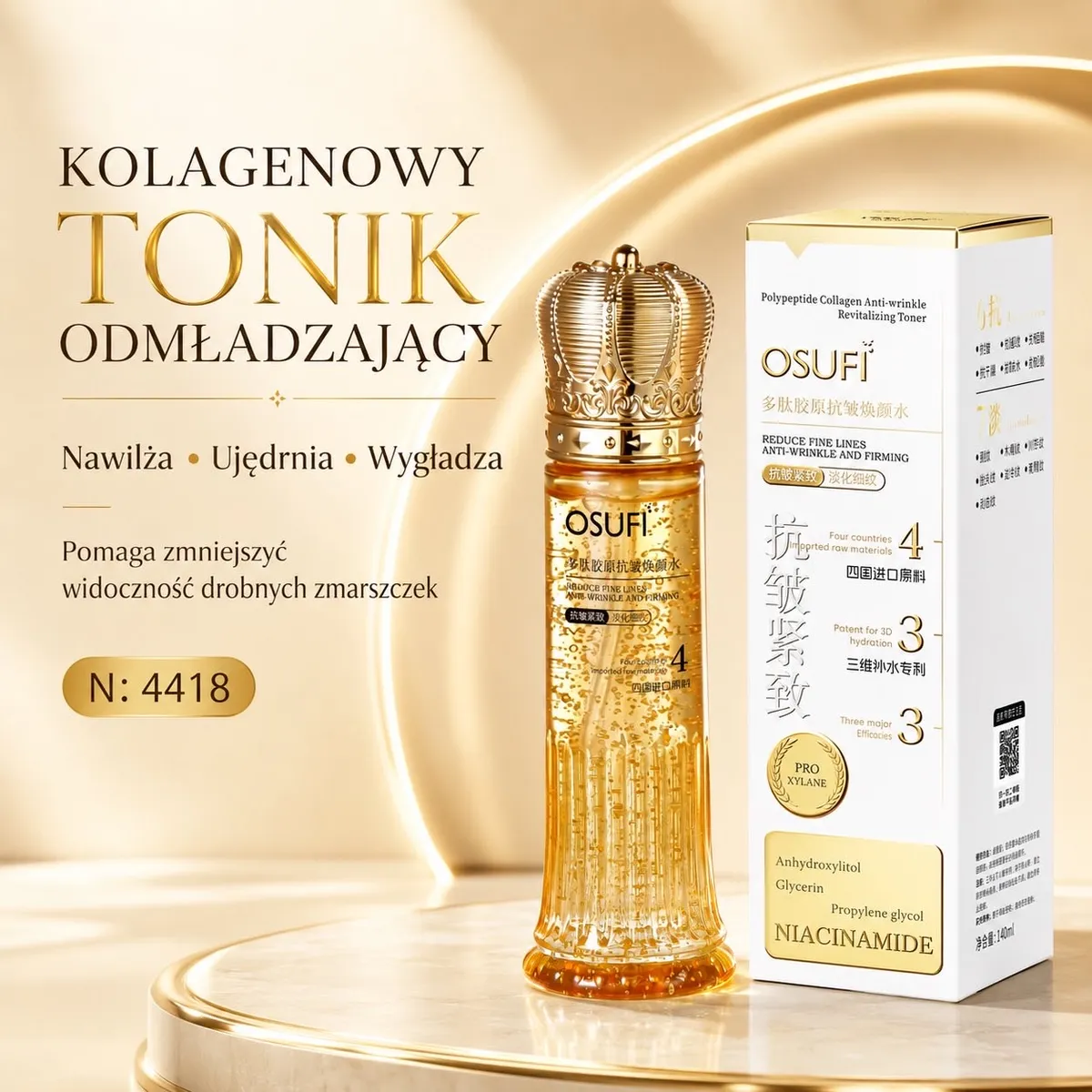 Złocisty kolagenowy tonik odmładzający OSUFI z koroną na zakrętce i białe opakowanie