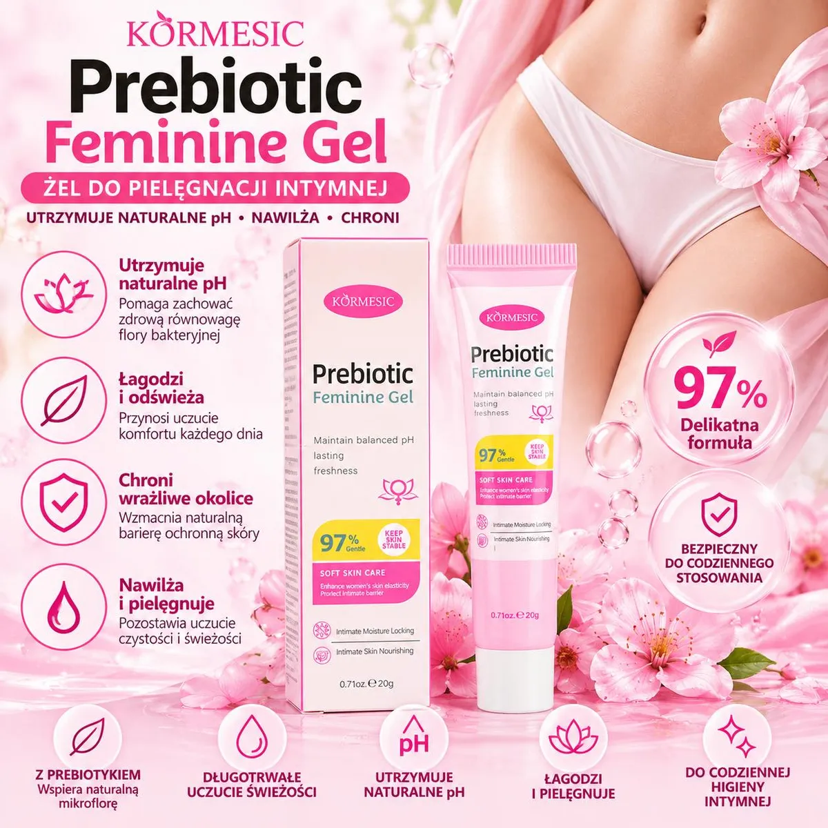 Tubka różowego żelu KORMESIC Prebiotic Feminine Gel 20 g z opakowaniem i kobiecą sylwetką w białej bieliźnie