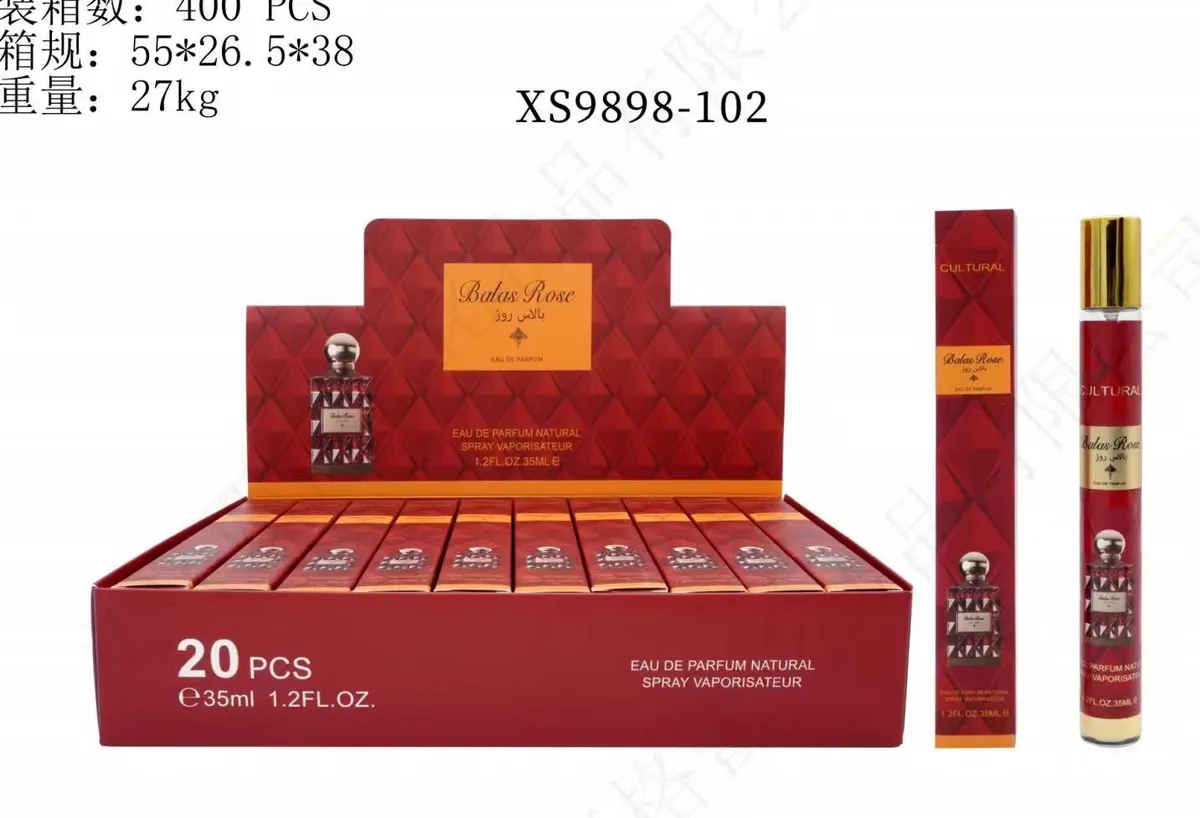 Czerwone opakowanie perfumetek Balas Rose 35ml z naturalnym sprayem i złotą zakrętką