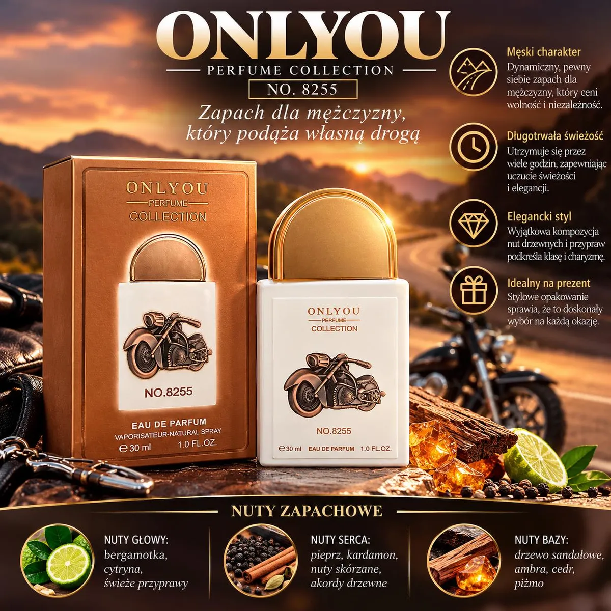 Perfumy Onlyou Collection no. 8255 30 ml w złoto-białej butelce z motywem motocykla i opakowaniem w kolorze złotym