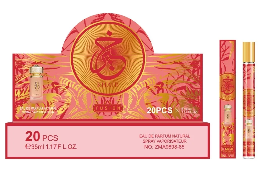 Perfumy Khair Fusion 35ml w różowo-złotym opakowaniu z czerwonymi zdobieniami, zestaw 20 sztuk