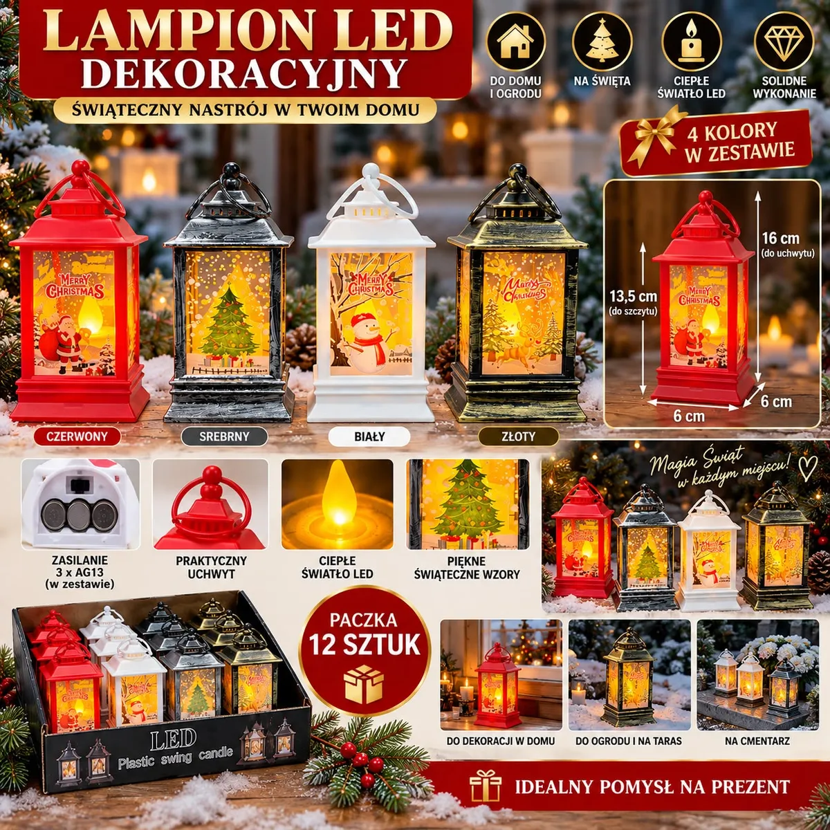 Zestaw czterech lampionów LED w kolorach czerwonym, srebrnym, białym i złotym z świątecznymi wzorami