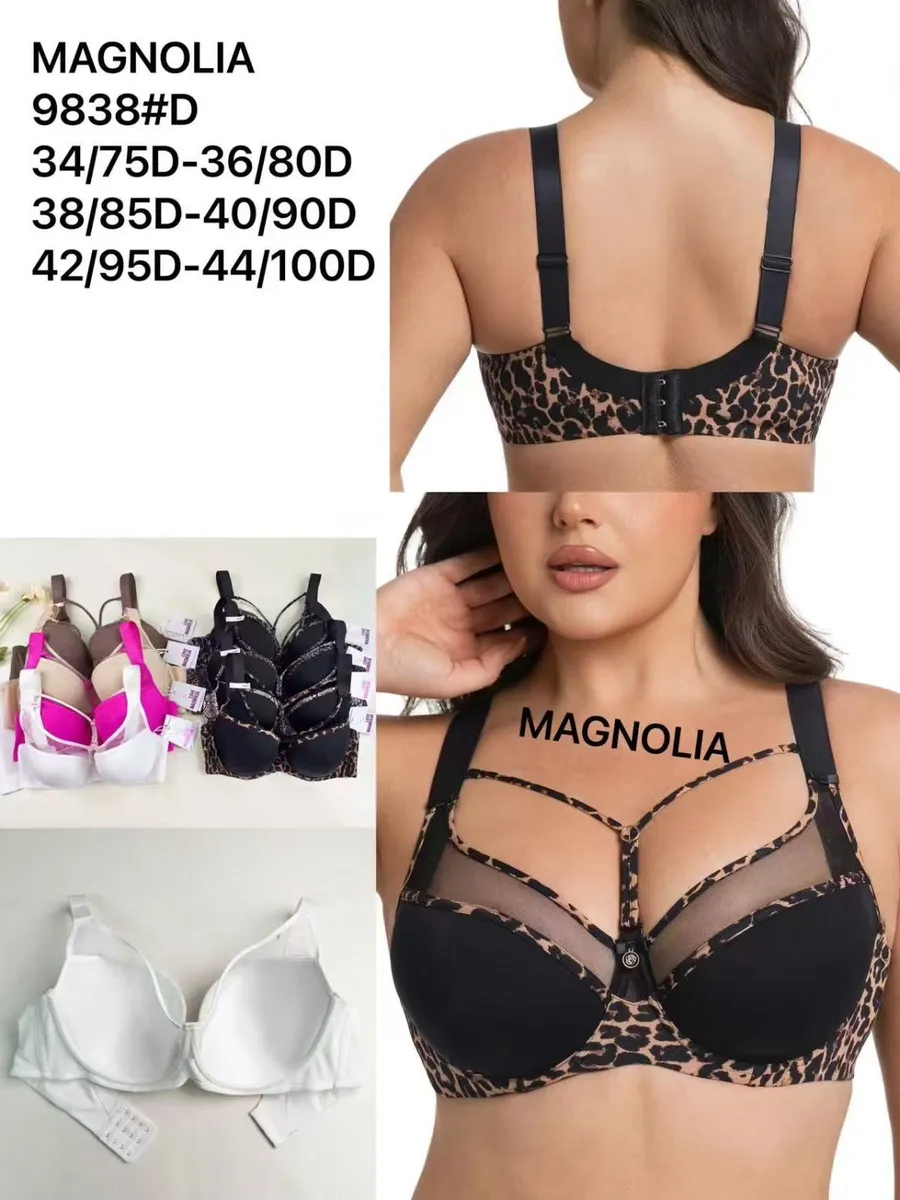Biustonosz Magnolia 9838#D w czarnym kolorze z leopard print i siateczkowymi paskami na dekolcie, widok z przodu i tyłu na mo