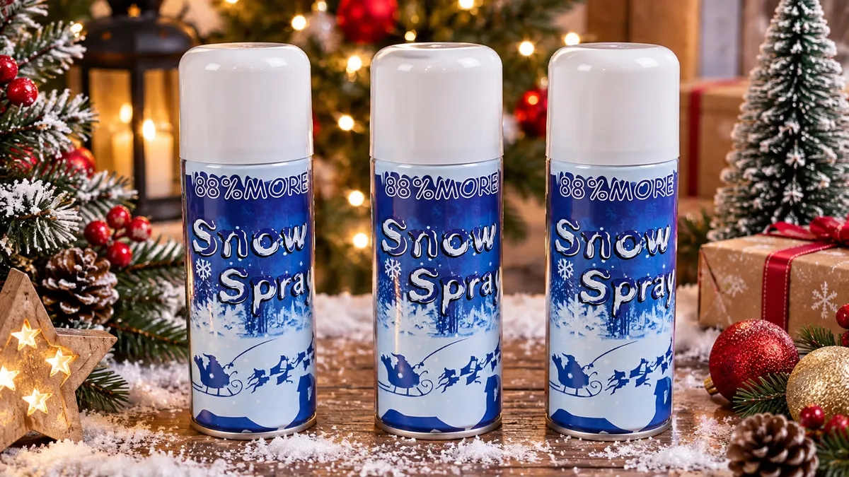 Trzy puszki białego sprayu Snow Spray z zimową etykietą na tle świątecznej dekoracji