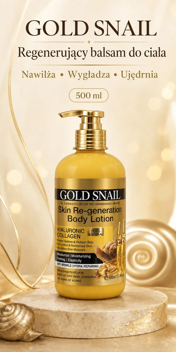 Butelka złocistego balsamu Gold Snail 500 ml z pompką na marmurowej podstawce