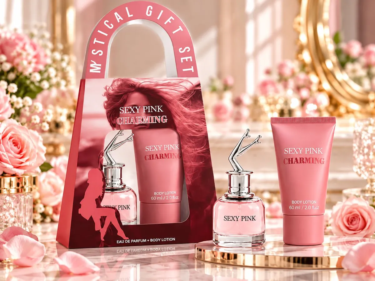 Zestaw prezentowy Sexy Pink Charming z różowymi perfumami i balsamem do ciała na tle różowych kwiatów