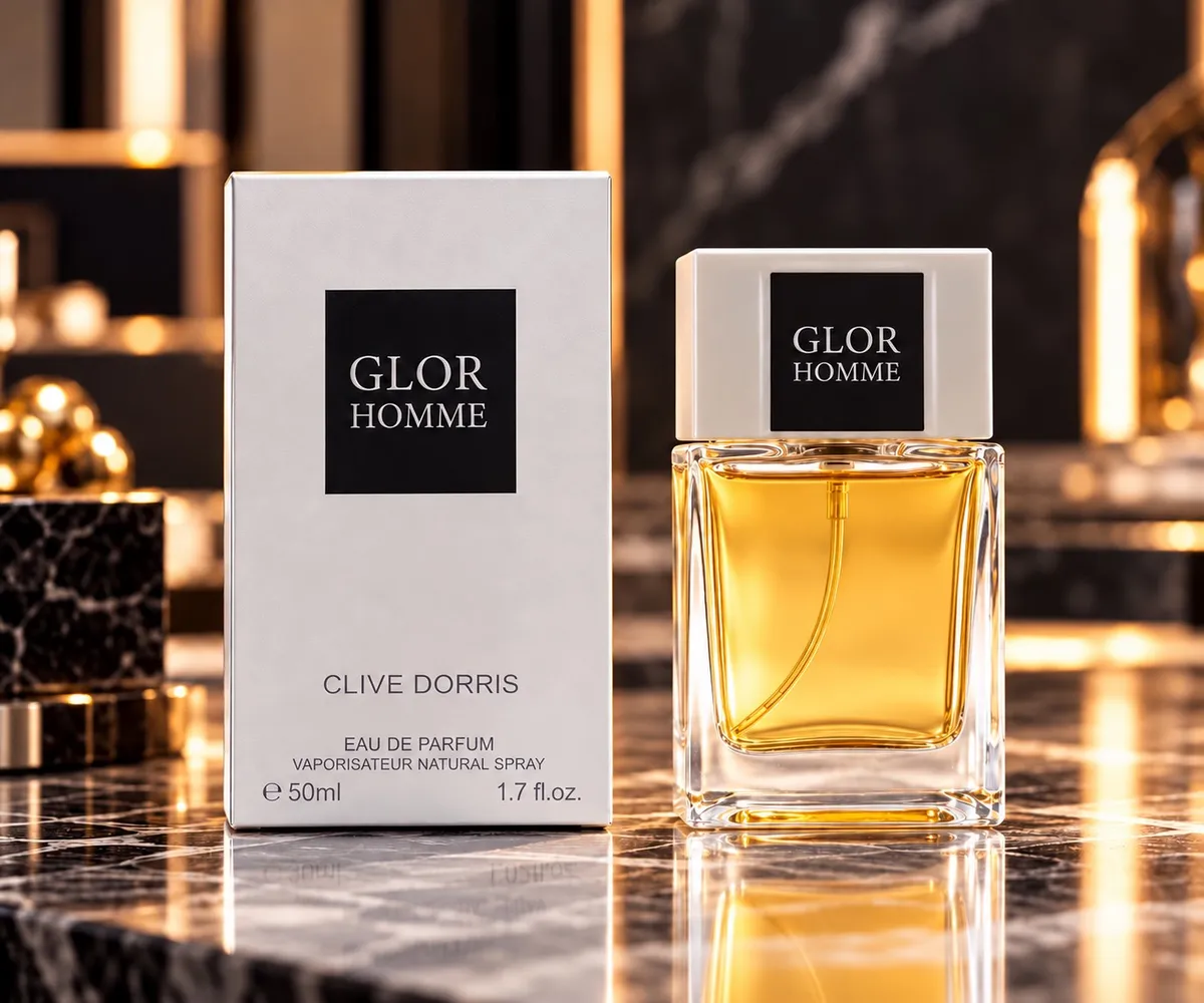 Perfumy GLOR HOMME Clive Dorris 50ml z białym flakonem i czarną etykietą obok białego pudełka na marmurowym blacie