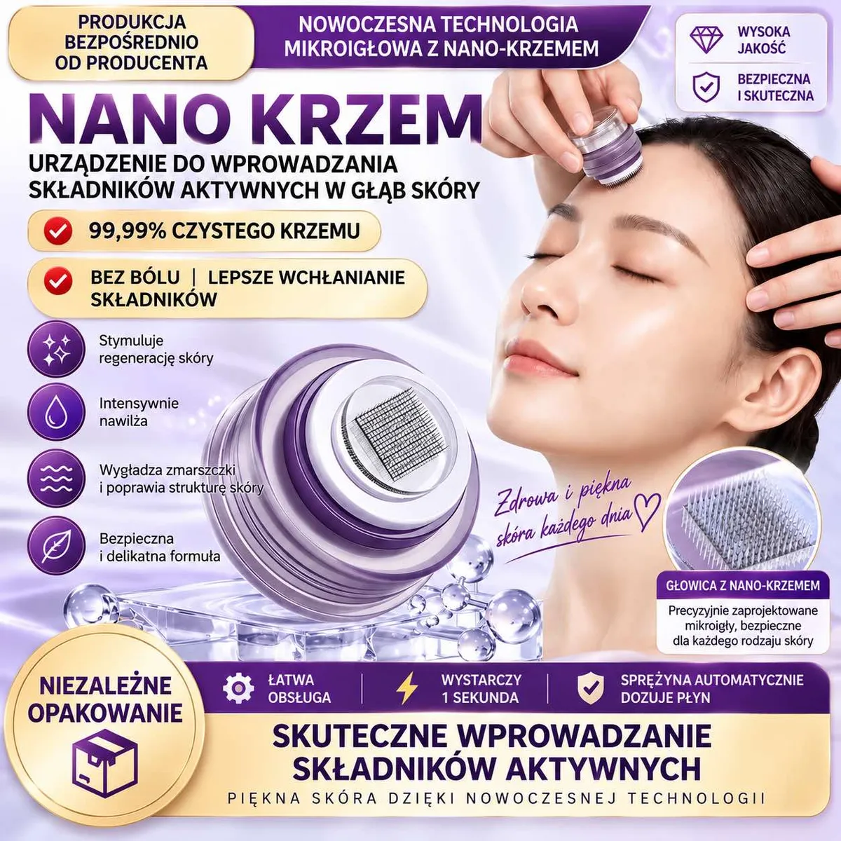 Fioletowy aplikator kosmetyczny z mikroigłami nano-krzemowymi do twarzy w niezależnym opakowaniu