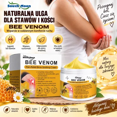 Opakowanie kremu Bee Venom 30g z żółtym kremem i grafiką plastra miodu oraz kwiatów