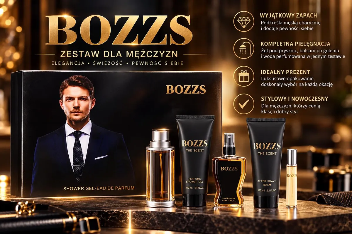 Zestaw kosmetyków BOZZS dla mężczyzn w czarno-złotym opakowaniu z żelem, balsamem i wodą perfumowaną