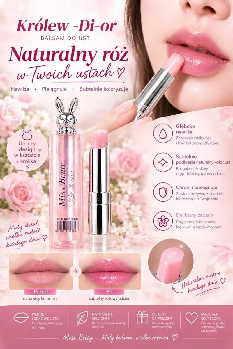Balsam do ust Miss Betty w różowym opakowaniu z króliczkiem, subtelny róż na ustach