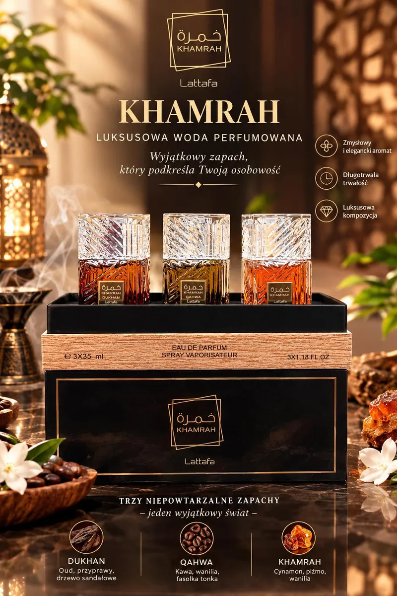 Zestaw trzech luksusowych wód perfumowanych Khamrah Lattafa w szklanych flakonach 35 ml