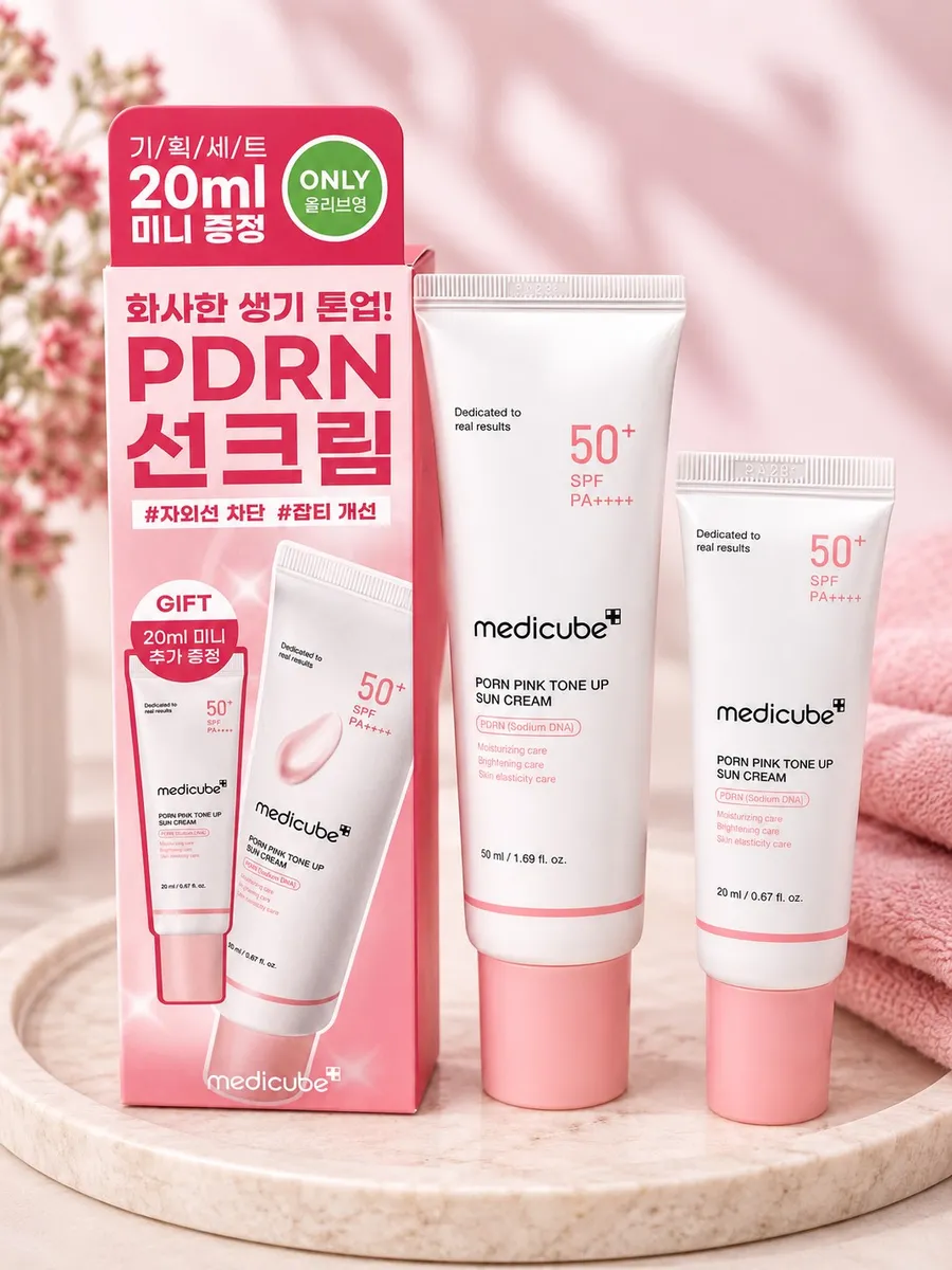 Zestaw kremów przeciwsłonecznych Medicube PDRN Pink Tone Up Sun Cream 50 ml i 20 ml na marmurowej tacy