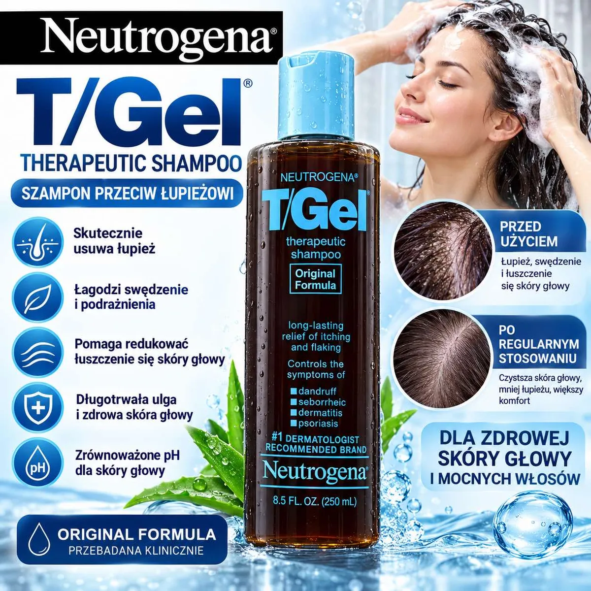 Butelka szamponu Neutrogena T/Gel 250 ml z niebieską nakrętką i opisem działania przeciwłupieżowego
