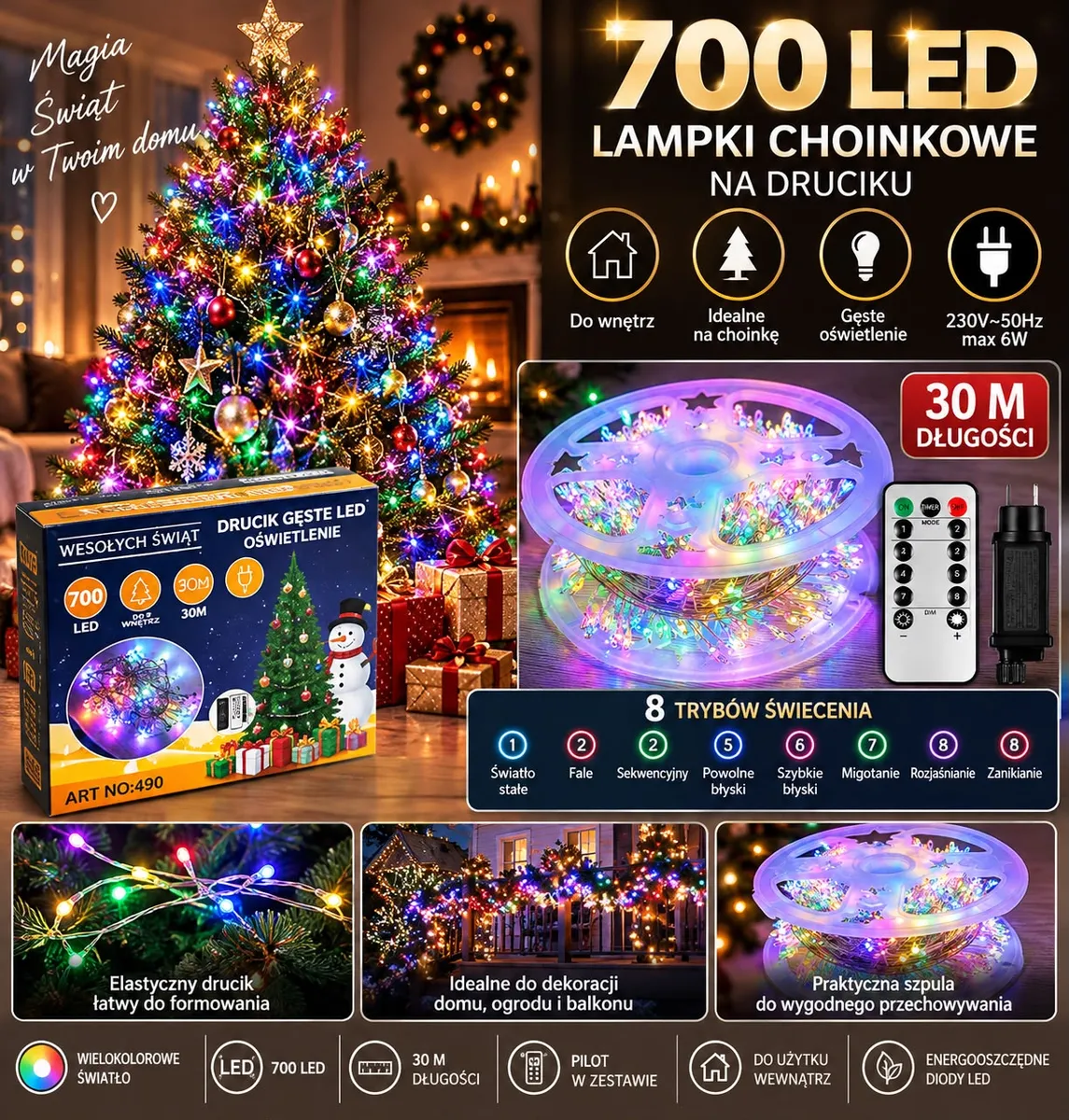 Wielokolorowe lampki choinkowe 700 LED na druciku z pilotem i szpulą, dekoracja świąteczna 30 m