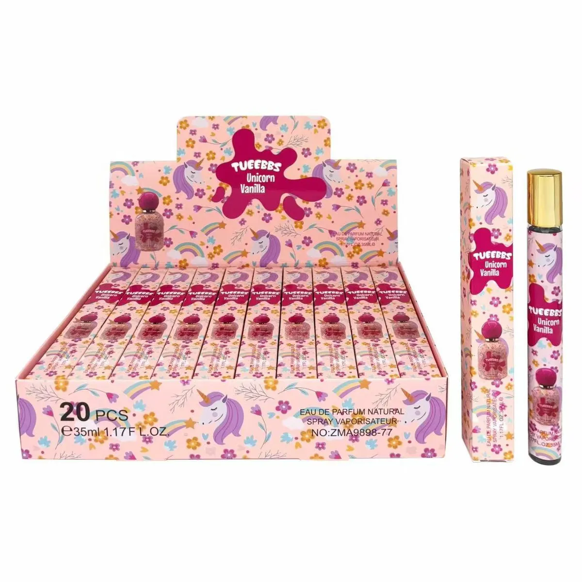 Perfumetka Unicorn Vanilla 35ml w różowo-fioletowym opakowaniu z jednorożcem i kwiatami, zestaw 20 sztuk