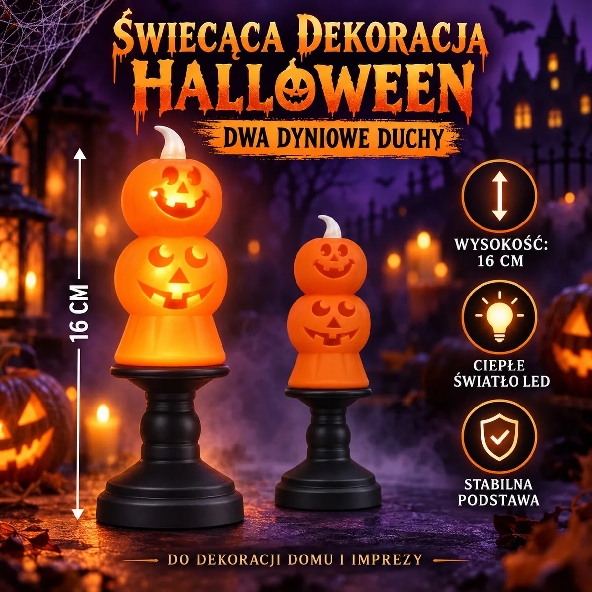 Pomarańczowa świecąca dekoracja LED Halloween podwójna dynia 16 cm na czarnej podstawie