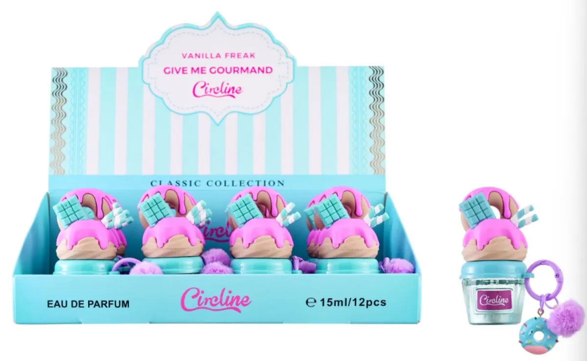 Perfumy Circline Vanilla Freak 15 ml w flakonie deserowym z różowym lukrem i brelokiem fioletowym