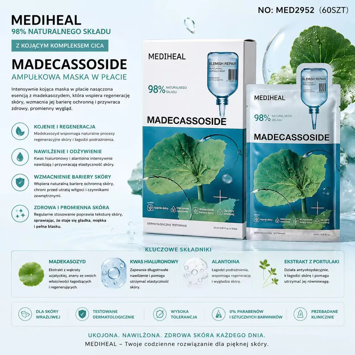 Opakowanie i saszetka maski Mediheal Madecassoside z grafiką zielonego liścia i ampułki