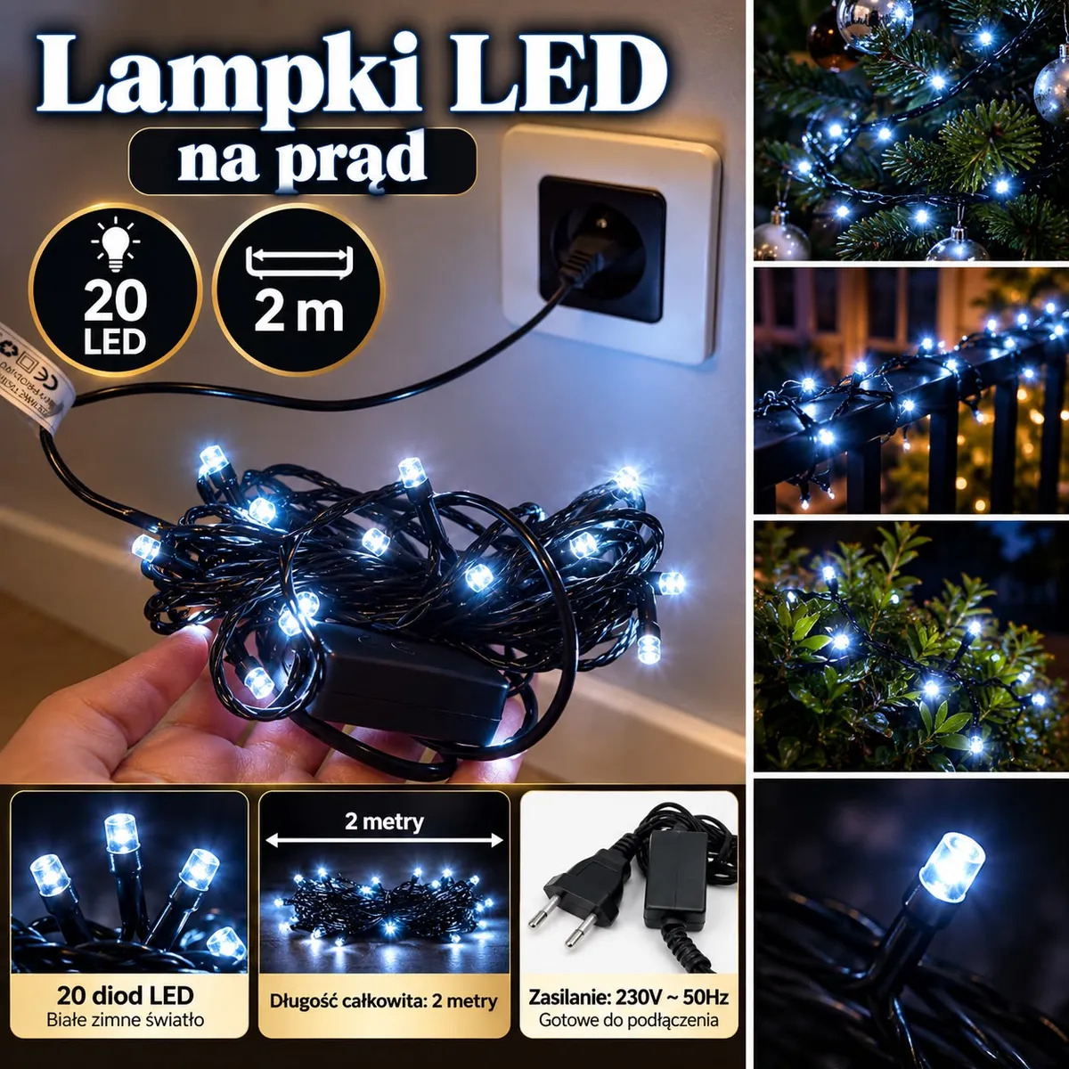 Lampki choinkowe LED z 20 diodami emitujące biały zimny kolor światła na czarnym przewodzie, podłączone do gniazdka 230V