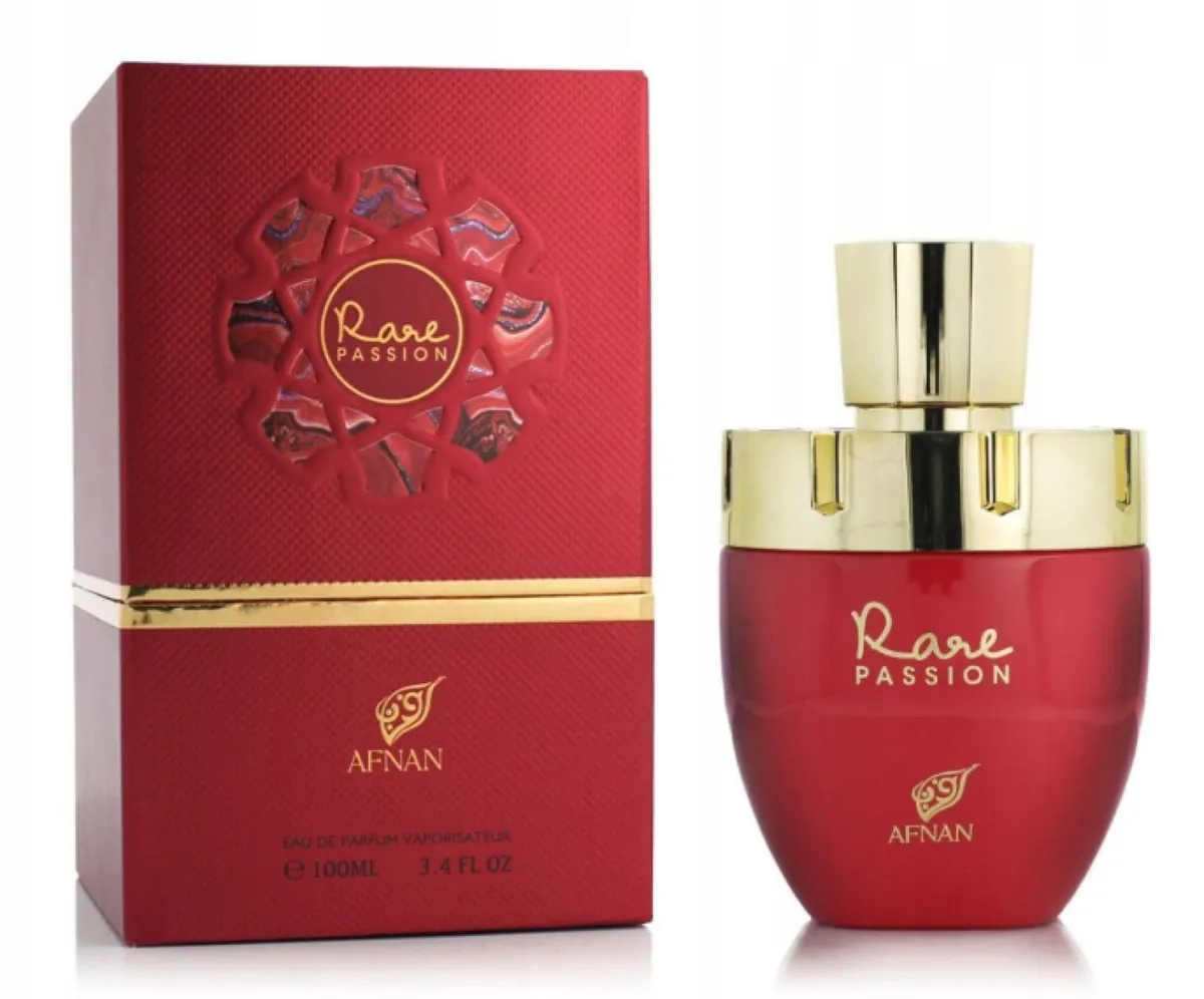 czerwony flakon perfum Rare Passion z złotym korkiem i czerwone opakowanie z tłoczeniem