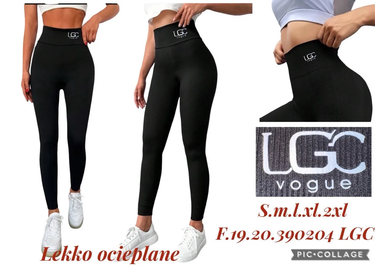 Czarne legginsy damskie z szerokim pasem i logo LGC vogue, model na białym tle