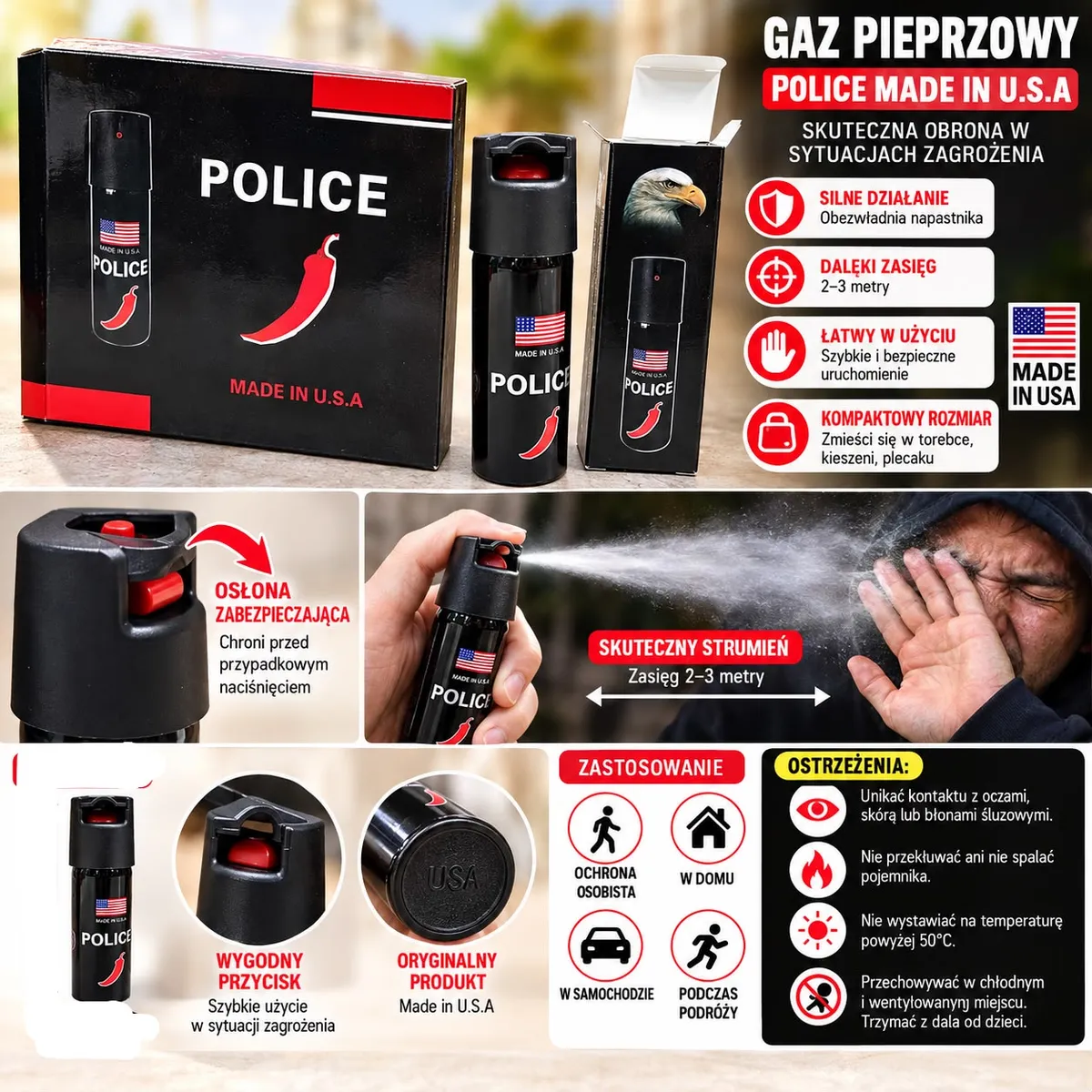Czarny gaz pieprzowy POLICE z czerwonym przyciskiem i osłoną, opakowanie z flagą USA i instrukcje