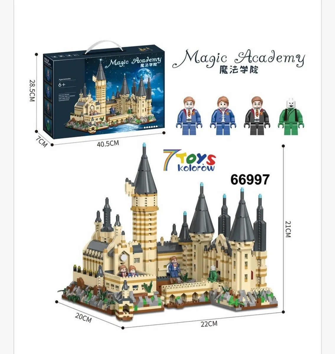 Zestaw klocków Magic Academy z modelem zamku i czterema figurkami, opakowanie i wymiary