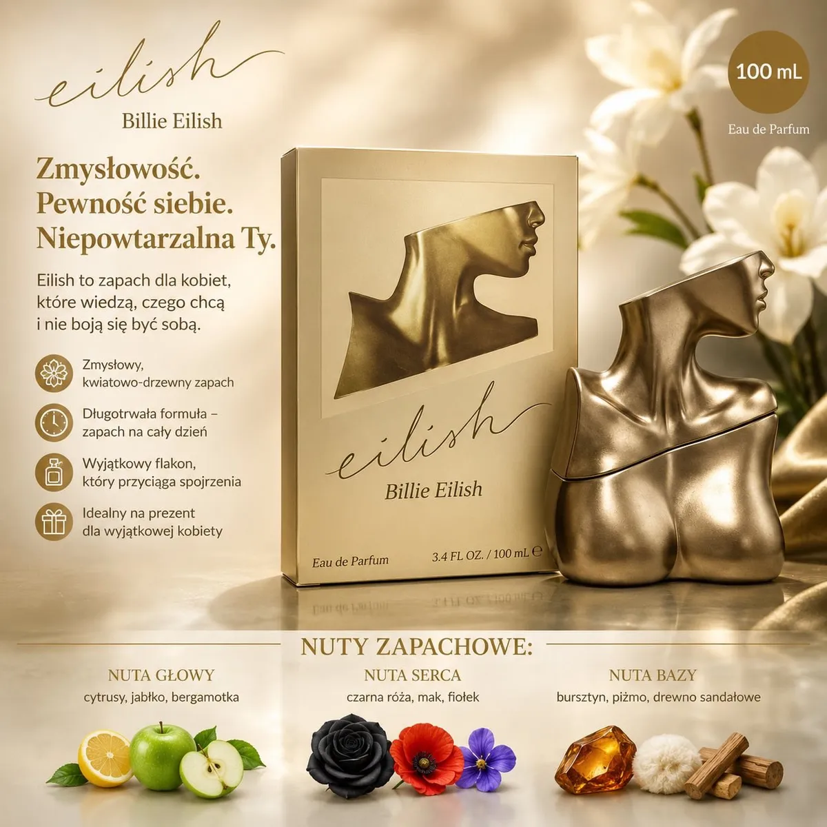 Złoty flakon perfum w kształcie kobiecego torsu obok eleganckiego opakowania i kwiatów