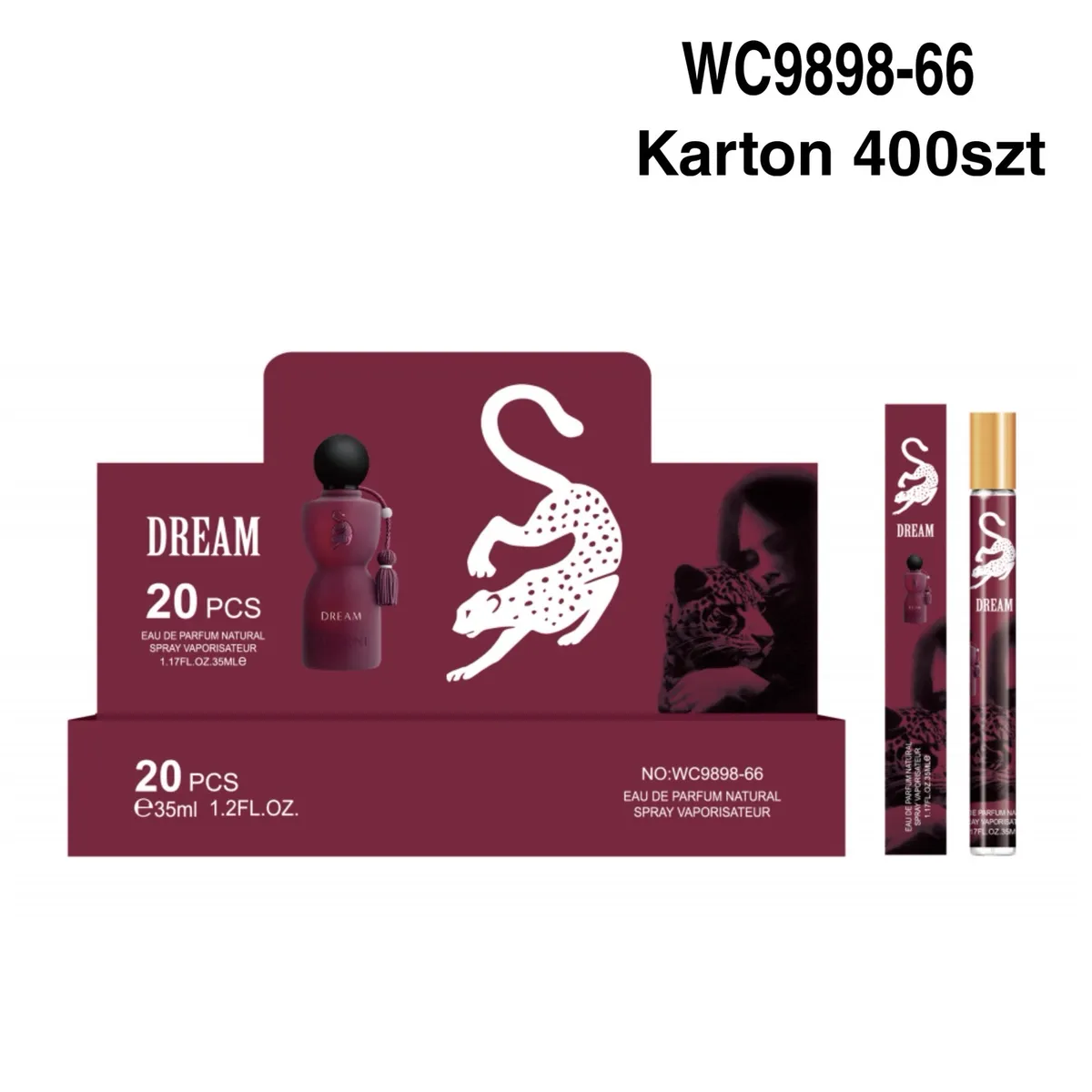 Bordowe perfumetki Arabskie Dream 35ml w sprayu z grafiką pantery i kobiety na opakowaniu