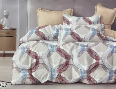 Komplet pościeli z geometrycznym wzorem kół w kolorach bordo, szarości i błękitu na jasnym tle