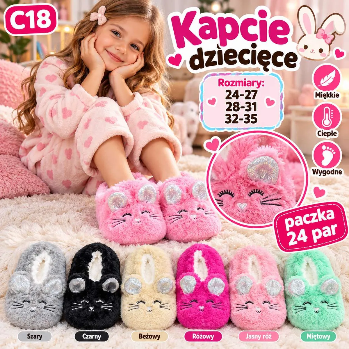 Kapcie dziecięce w sześciu kolorach z uszkami i haftowanym wzorem twarzy zwierzątka