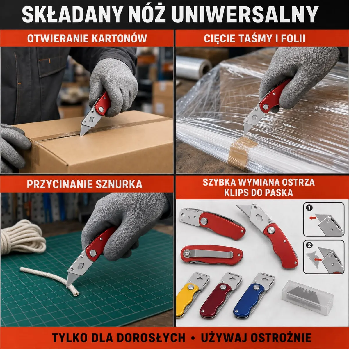 Składany czerwony nóż uniwersalny z metalowym ostrzem używany do cięcia kartonów, taśmy i sznurka