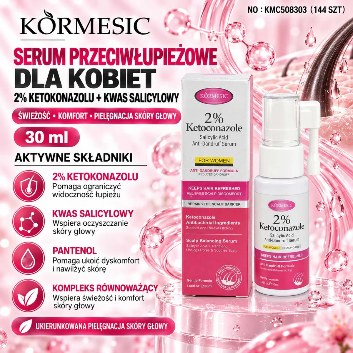 Serum przeciwłupieżowe KORMESIC 2% ketokonazolu 30 ml z opakowaniem i aplikatorem na różowym tle