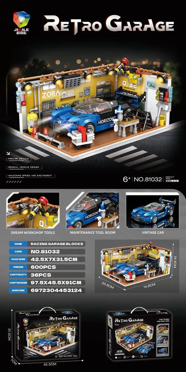 Zestaw klocków Retro Garage z niebieskim samochodem sportowym w garażu z narzędziami i oświetleniem