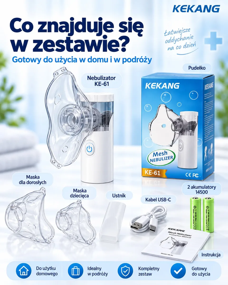 Nebulizator KEKANG KE-61 z maskami dla dorosłych i dzieci, ustnikiem, akumulatorami i kablem USB-C na białym tle