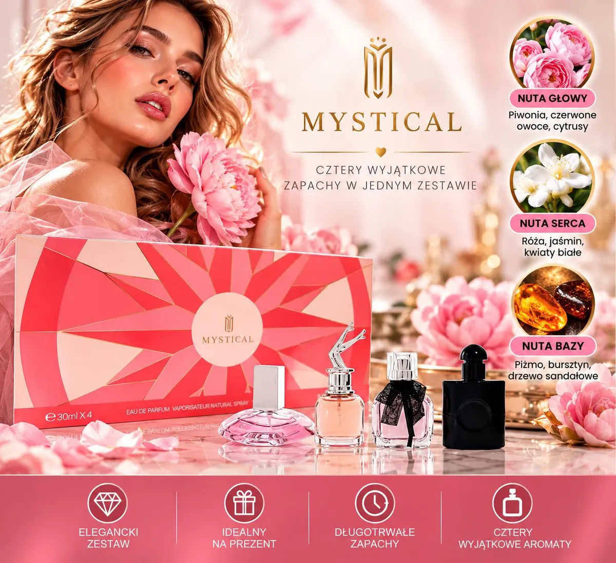 Zestaw czterech perfum Mystical 4x30 ml z różowoczerwonym opakowaniem i kwiatami piwonii