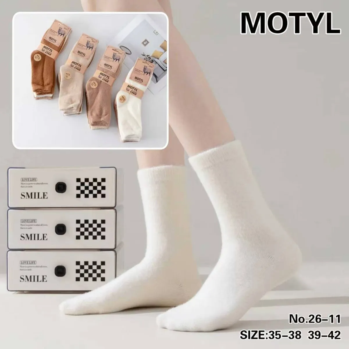 damskie skarpetki MOTYL w kremowym kolorze na stopach oraz komplet 4 par w pastelowych odcieniach