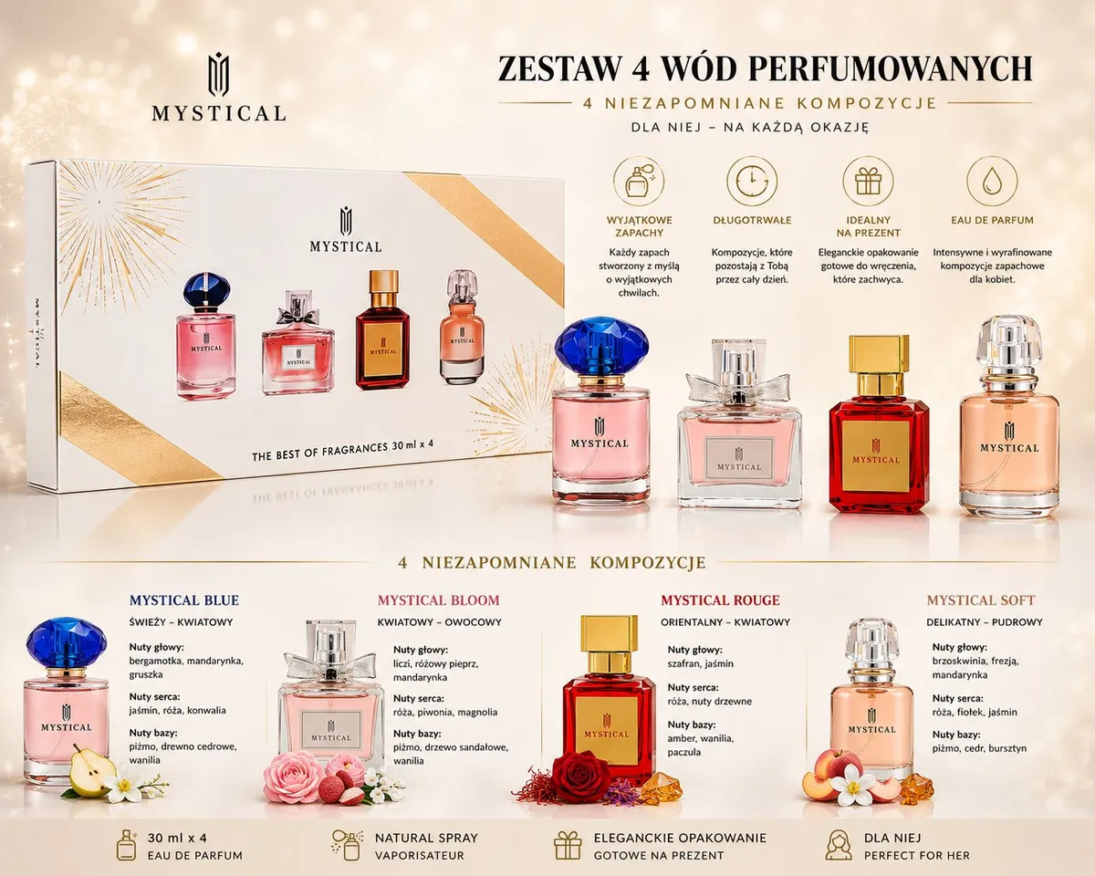 Zestaw 4 perfum Mystical w eleganckim białym opakowaniu z flakonami różowym, przezroczystym, czerwonym i jasnoróżowym