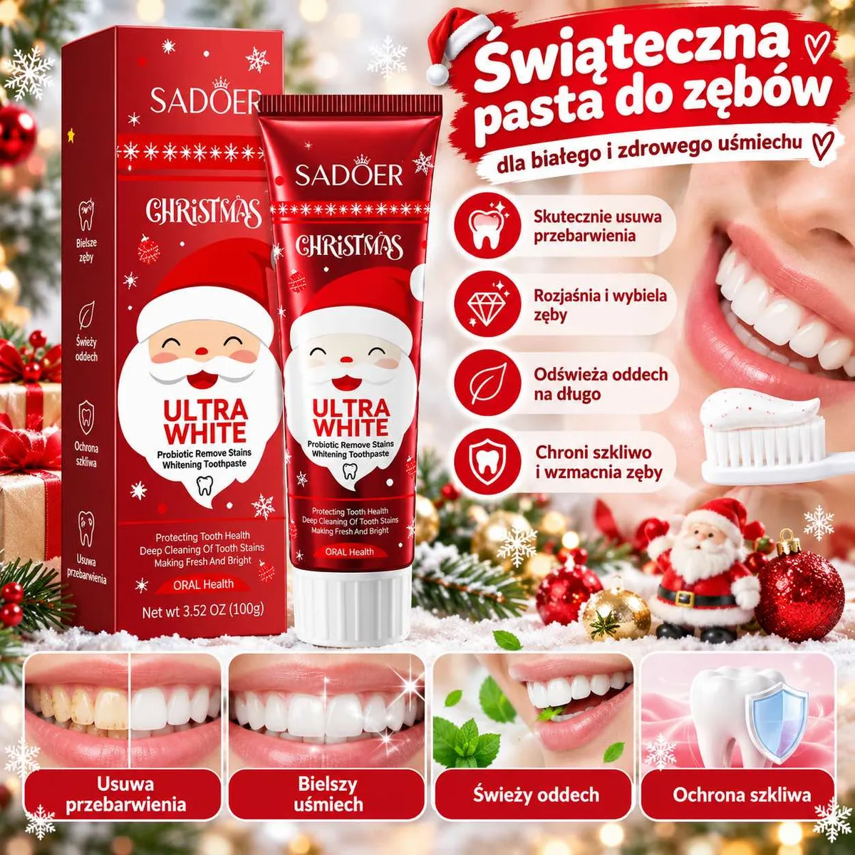 Czerwone świąteczne opakowanie pasty do zębów SADOER Ultra White z grafiką Mikołaja i śnieżynek
