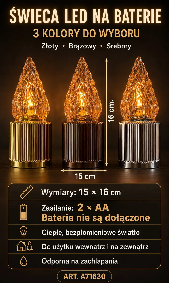 Trzy świeczki LED z efektem płomienia 3D w kolorach złotym, brązowym i srebrnym o wymiarach 15x16 cm