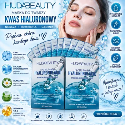 Opakowania masek do twarzy HUDA BEAUTY z kwasem hialuronowym i składnikami aktywnymi