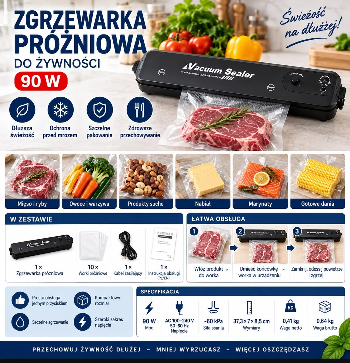 czarna zgrzewarka próżniowa do żywności z workiem próżniowym i kawałkiem mięsa na stole kuchennym