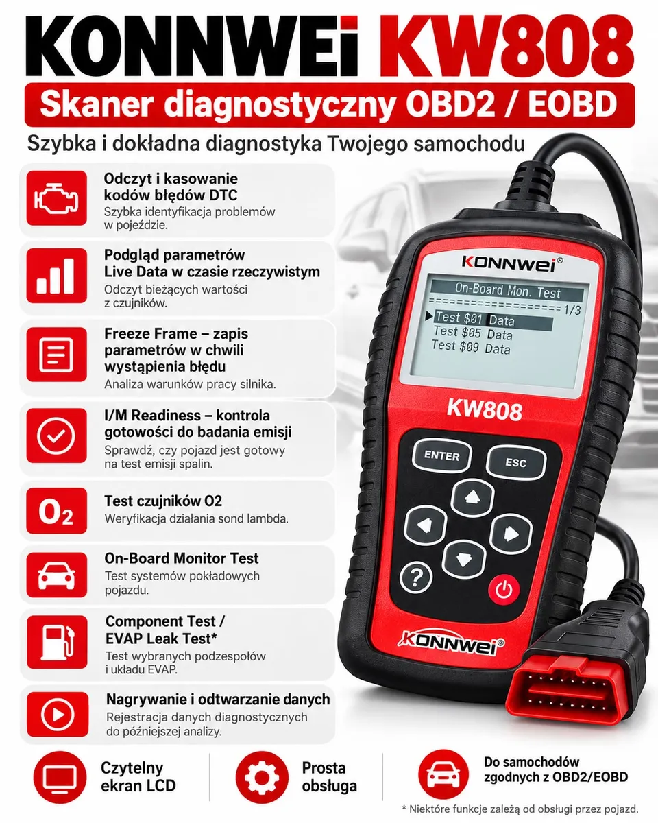 Skaner diagnostyczny KONNWEI KW808 czarno-czerwony z ekranem LCD i kablem z wtyczką OBD2
