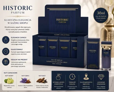 Granatowa butelka perfum Historic Parfum 30ml z metalicznym połyskiem i złotymi detalami, opakowanie Classic Collection